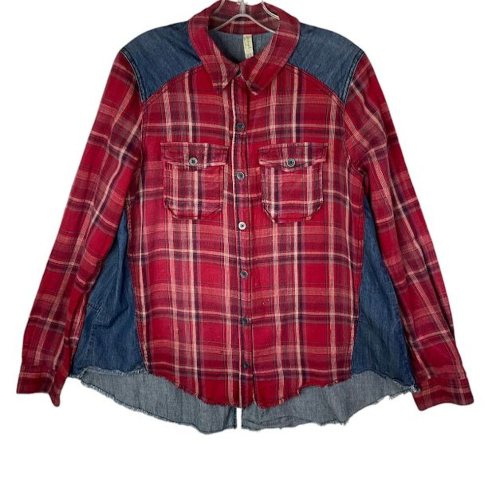 Free People Shirt Womens Red Cotton Blend M Grunge Western Plaid Denim Patchwork